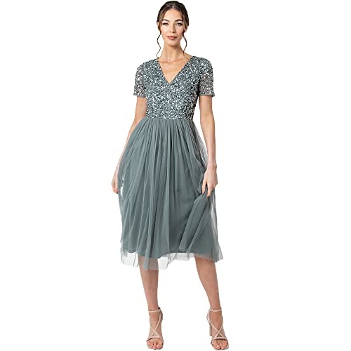Maya Deluxe Damen Midi-Kleid mit V-Ausschnitt, Verziert Brautjungfernkleid, Grün (Misty Green), 46