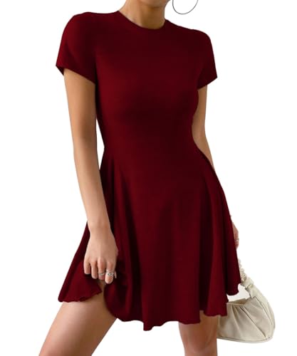 EIRUKON Sommerkleid Damen Kurzarm Rundhals Minikleid Sommer A Linie Swing Kleider Bodycon Elegant T Shirt Kleid Kurz...