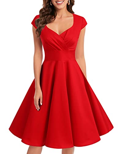 bbonlinedress 1950er Vintage Retro Cocktailkleid Rockabilly V-Ausschnitt Faltenrock Red L