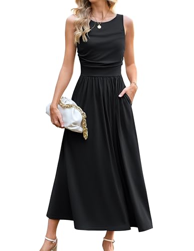 GRACE KARIN Damen Swing A-Linie Sommerkleid Maxi Tank Top Strandkleid Elegant Freizeitkleid Abendkleider Schwarz XL