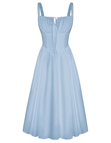 Renaissance Damen Maxikleid Vintage Ärmellos Flowy Swing Abendkleid Hellblau S