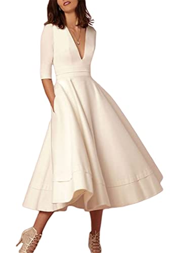 OMZIN Damen Kleid Rockabilly Cocktail Kleid Tief-V-Ausschnitt Hohe Taillen Swing Kleid Weiß L
