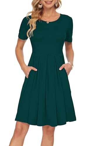 AUSELILY Damen Kurzarm Kleid Grün Plissee Loose Swing Freizeitkleid mit Taschen Dunkelgrün L