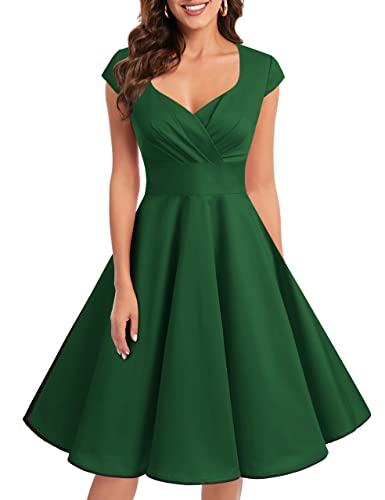 bbonlinedress 1950er Vintage Retro Cocktailkleid Rockabilly V-Ausschnitt Faltenrock Green M