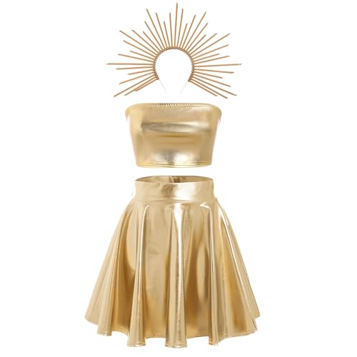 FYMNSI Damen R�mische G�ttin Kost�m Rave Tanz Outfit R�merin Aphrodite Cosplay Metallic Bandeau Top Faltenrock...