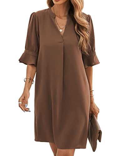 Famulily Damen Sommer Elegante Rüschen Ärmel Kleid Shift Kleid Tunika Kleid Mini Kleider Braun XL