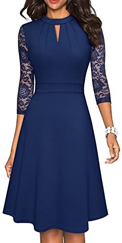 HOMEYEE Damen Elegant Hollow Out Spitze Swing Retro Party Cocktailkleid A234 (L, Dunkelblau)