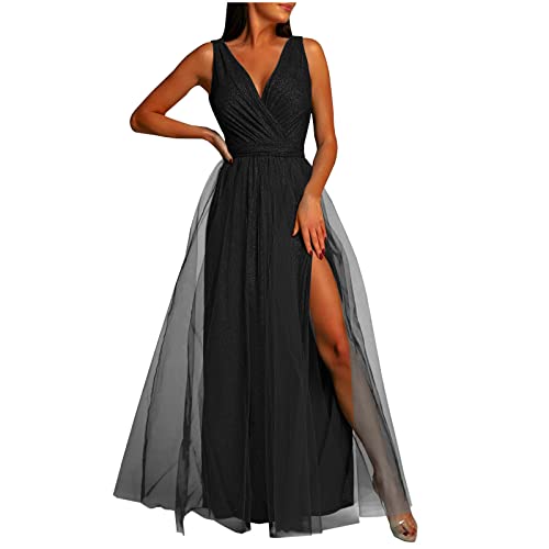 Abendkleid Damen Lang Elegantes Modisches Ballkleid Einfarbiges Tüllkleid Ärmelloses Cocktailkleid mit V-Ausschnitt...