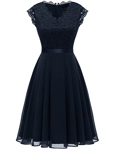 Dressystar Damen Cocktailkleid Elegant Hochzeit Knielang Abendkleider Brautjungfernkleider Kurz Chiffon Marineblau XL