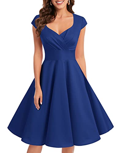 bbonlinedress 1950er Vintage Retro Cocktailkleid Rockabilly V-Ausschnitt Faltenrock Royal Blue L
