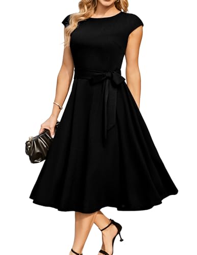 DRESSTELLS Cocktailkleid Damen Schwarz Elegant 1950er Knielang Rockabilly Hochzeitkleid Vintage Swing Festlich Midilang...