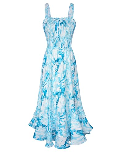 Sommerkleid Damen Leicht Maxikleid Blumenkleid Freizeitkleid Swing Trägerkleid Abendkleid XL Blaue Wasserwellen