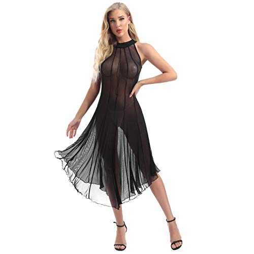 FEESHOW Damen Transparent Mesh Kleid Dessous Lingerie Sexy Neckholder Swing Kleid Nachtkleid Erotik Wäsche Gogo Tanz...