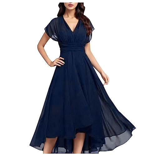 Sommerkleid Damen Lang, Chiffon Kleid Damen V-Ausschnitt,Abendkleid Damen Elegant Maxikleid Einfarbig Tunika Swing Lange...