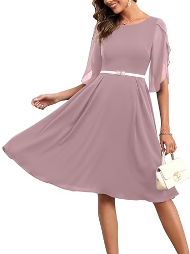 Missufe Damen Cocktailkleid Partykleid Abendkleid Chiffonkleid Elegant Knielang A Linien Festlich Swing Tulpen Halbarm...