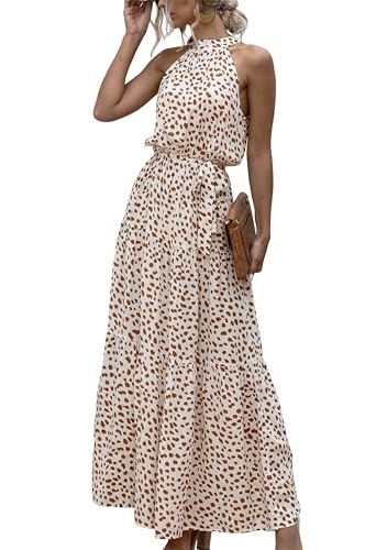 EFOFEI Damen Business Casual Kleid Bodenlang Volant Maxikleid Neckholder Ärmelloses Einfarbiges Swing Kleid Punkt Beige...