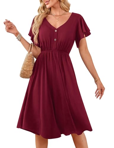 Florboom Damen V-Ausschnitt Swing Sommerkleid Rüschen Kurzarm A-Linie Midikleid, Lässige Sommerkleider mit Taschen...