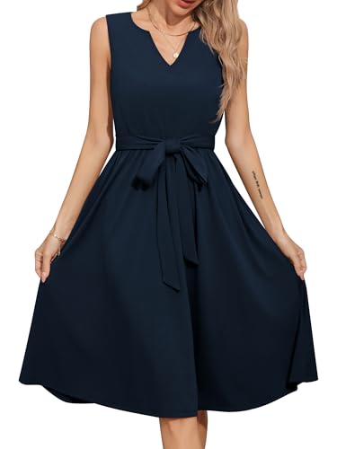 Missufe Damen Sommerkleid Freizeitkleid A Linien Swing V-Ausschnitt Ärmellos Kleider mit Krawatte (Marineblau, X-Large)