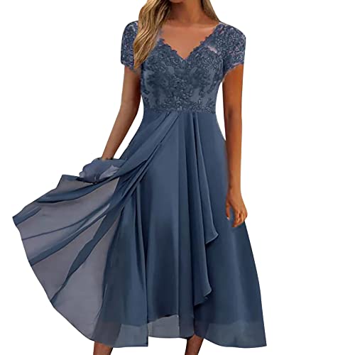 Sommerkleid Damen V-Ausschnitt Abendkleid Lang Kleid Elegant Chiffon Spitze Swing Cocktailkleid Lässig Festliche...