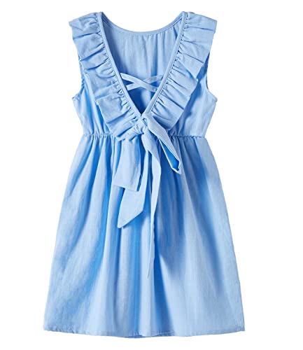 Beganly Kleinkind Baby Kleid Mädchen Baumwolle-Leinen Rüschen rückenfrei ärmellos Swing Kinder Freizeitkleider Blau...