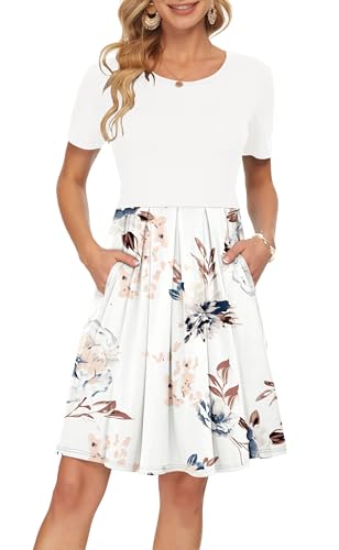 AUSELILY Damen Kurzarm Plissee Loose Swing Freizeitkleid mit knielangen Taschen Blumiges Weiß M