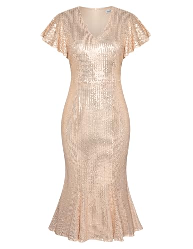 GRACE KARIN Glitzer Cocktailkleid Damen Midi Elegant Wickelkleid Damen V-Ausschnitt Gold Rüschen Kleid Elegant XL...