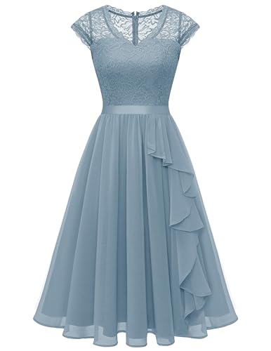 Wedtrend Damen A-Linie Sommerkleid mit Spitze und Rüschen, M, Blue, Knielang, V-Ausschnitt, Mittlere Taille, Träger,...