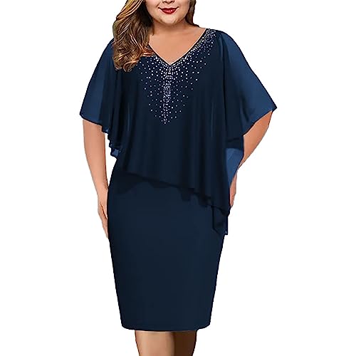 Damen Große Größe Cape Chiffon Cocktailkleid V-Ausschnitt A-Line Knielang Abendkleid mit Overlay
