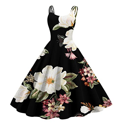 Damen Vintage Cocktailkleider Rockabilly Hohe Taille A-Line Petticoat Kleid Spaghettiträger Festlich Ballkleid Swing...
