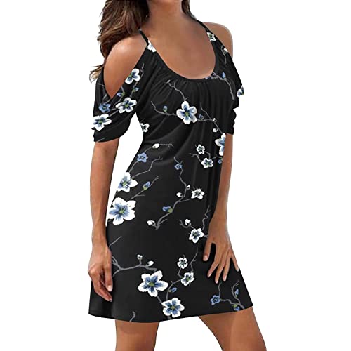 Sommerkleid Damen Knielang - Schulterfreies Träger Kleid Sexy -Strandkleid Damen Sommer Blumen Druck Swing Schicke...