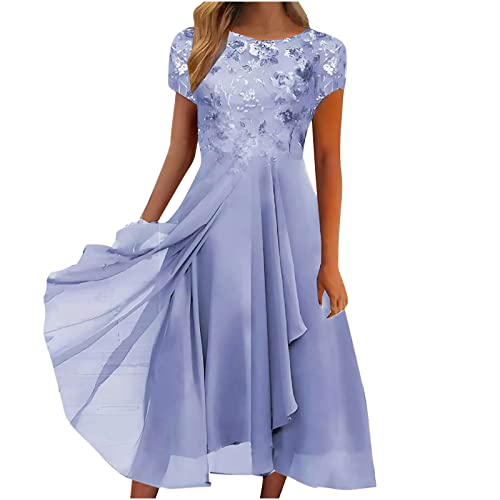 Abendkleid Damen Mesh Halbarm Spitze Floral Elegantes Cocktailkleid Langes Rundhals Unregelmäßiges Plissee Flowy Midi...