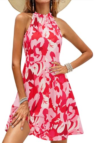OUGES Sommerkleid Damen Knielang Neckholder Kleid Sommer Blumenmuster Elegant Cocktailkleid