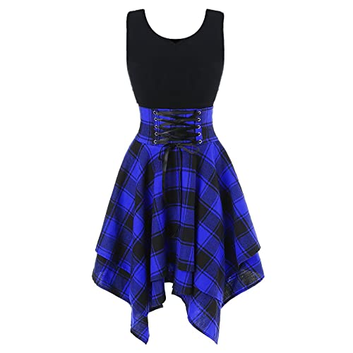 Tunika Kleid Damen Mittelalter Kleid schwarzes Kleid Damen sexy Kariert Drucken Schnürung Patchwork Unregelmäßige...