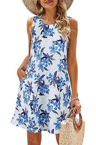 BDTECAOR Sommerkleid Damen Lässige Ärmelloses Strandkleid Swing Tunika Kleider mit Taschen Blau XXL