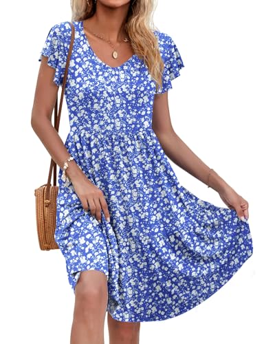 AUSELILY Damen Sommerkleid Rüschen Kurzarm Elegante V-Ausschnitt Kleider Swing Knielanges A-Linie Freizeit Strandkleid...