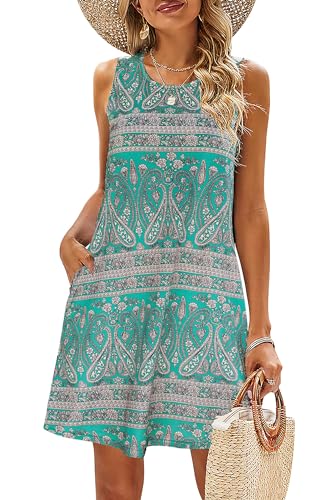 BDTECAOR Damen Sommer Blumendruck Lässiges T-Shirt Kleider Lockeres Swing Strandkleid Grün,S
