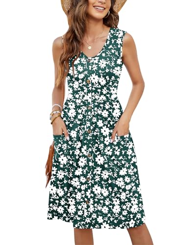 MOLERANI Damen Sommerkleider Ärmellos Lässig Locker Swing T-Shirt Button-Down Midikleid mit Taschen Grüne Diät S